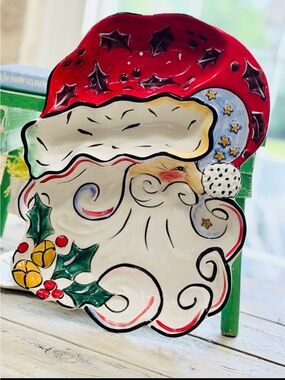 LARGE Clay Art Merry Santa Ceramic Platter. Sz-16x12 Hand Painted | Divided